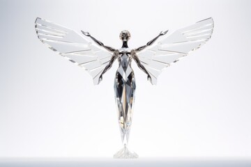 A female form statue with 2 big wings which is made of diamond, posing in a perfect stretching arms posture with majesty and confidence. Generative AI.