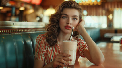 Young lady having a milkshake in a diner, 1950s era