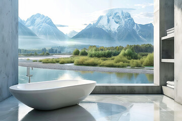 Modern bathroom with luxurious freestanding bathtub. are beautiful mountains