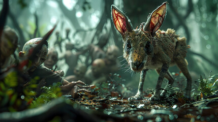 Unlikely Alliance:A Creature's Survival Amidst a Zombie-Infested Forest,Captured in Splendor - obrazy, fototapety, plakaty
