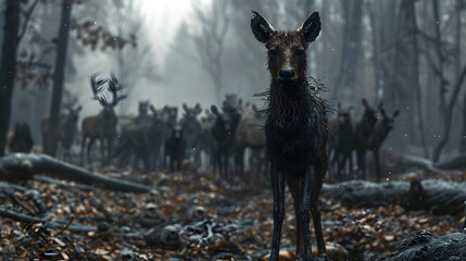 Unlikely Allies Surviving in a Zombie-Infested Forest:A Cinematic 3D Rendered Scene with Details