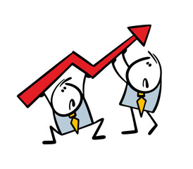Two businessmen in the office hardly raise red arrow, increase profits. Vector illustration of a business team working. Isolated cartoon character on white background.