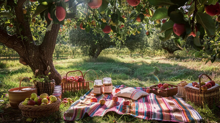 A whimsical picnic setup in a sun-dappled orchard, with a colorful blanket spread out under a fruit-laden tree, surrounded by baskets of ripe apples and jars of homemade jam.