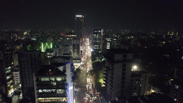 Dhaka City at Night Traffic Aerial View