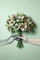 An origami bouquet of money flowers being passed between two hands