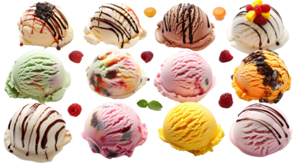 Ice cream explosions: vibrant colors, enticing toppings, mouthwatering spectacle, joy of indulgence.