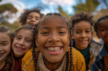 happy group of multiethnic children looking at the camera and smiling in the park