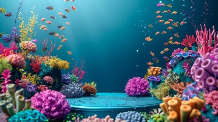 Obraz na płótnie Canvas Coral reef podium mockup with underwater creatures and vibrant colors.