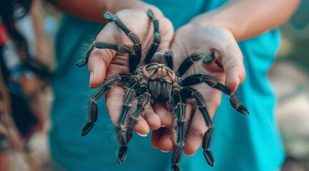 Close-Up of Brave Handling of an Oversized Tarantula by an Individual - obrazy, fototapety, plakaty