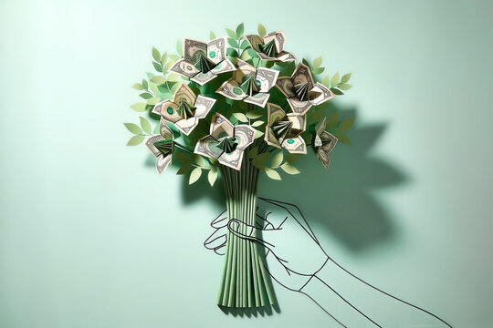 drawing of a hand holding a paper origami bouquet of money flowers