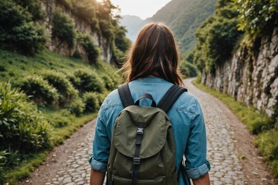 Close-up of a woman walking along a narrow road wearing a backpack - Powered by Adobe