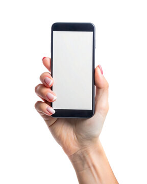 A woman's hand is holding a smartphone with a white screen on it. The image is a PNG file
