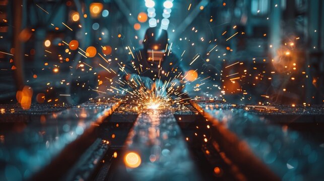 Workers wearing industrial uniforms and Welded Iron Mask at Steel welding plants, industrial safety first concept