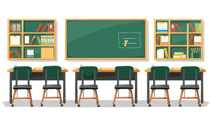 Empty school classroom with green chalkboard teachers