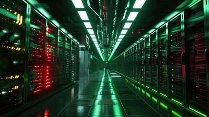 An exascale computing supercomputer in operation, with lights and displays indicating intense computational activity,