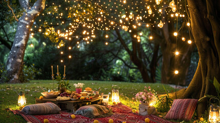 An enchanting forest glade transformed into a magical picnic setting, with fairy lights twinkling in the trees and a spread of delectable treats awaiting hungry picnickers. - obrazy, fototapety, plakaty