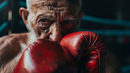 Boxing gloves on a old man Close-up.
