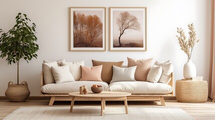 Sunny and bright space of living room with stylish sofa pillows coffee table mock up poster frames decorations furnitures and personal accessories. Cozy home decor 