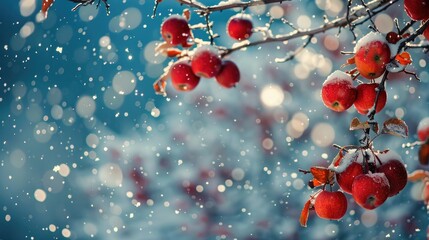 Red apples hanging on tree branches the initial snowfall and a clear blue sky