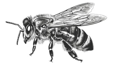 Illustrate the graceful flight of a honey bee through a vector engraving on a clean white background.