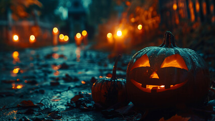 Halloween pumpkin with candles on dark forest background. Halloween concept.