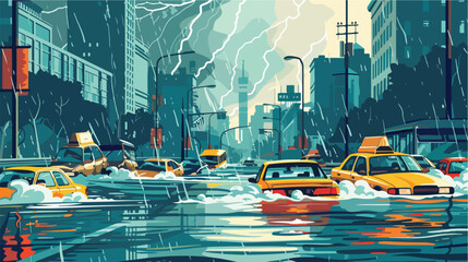 Flood and storm natural disaster in modern city. City