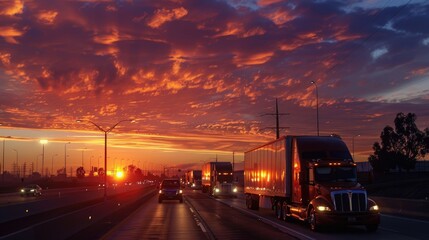 Imagine the beauty of a transportation landscape at dusk, with trucks cruising on the highway as the sun sets
