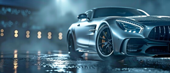 Expensive, high-end automobile parked against a gloomy backdrop. gray automobile with a sporty and upscale look. sleek, contemporary car with intricate front styling. Banner advertisement for cars. - obrazy, fototapety, plakaty