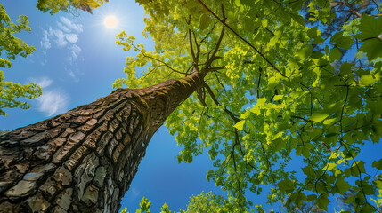Fototapeta premium A Tree With Green Leaves And A Blue Sky