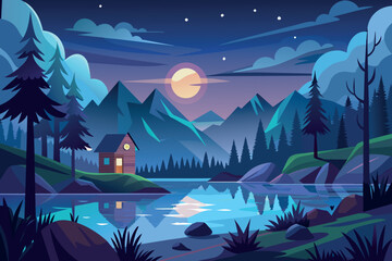 Fototapeta premium Night Lake landscape cartoon vector Illustration flat style artwork concept