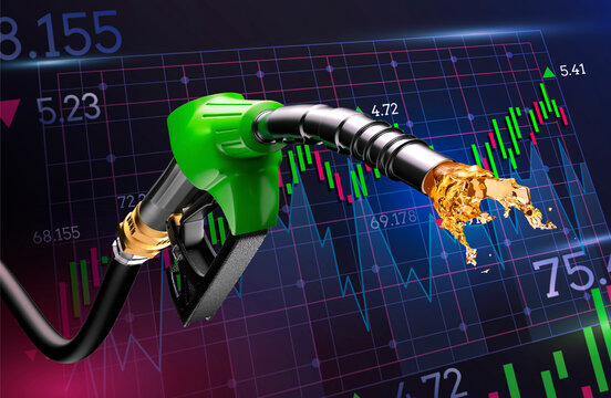 Oil price rising concept Gasoline green fuel pump nozzle isolated with  oil on growth bar chart background, patrol increaseing price