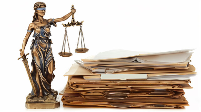 Bronze Statue of Lady Justice Holding Scales Next to a Stack of Documents