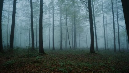 Obraz premium Mysterious forest with a moonlit path fog and a Halloween backdrop hint