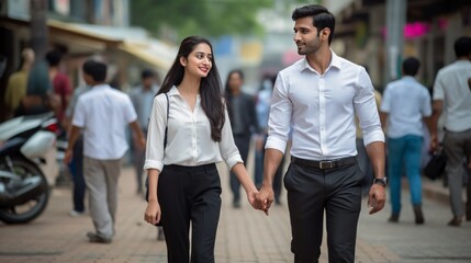 A man and woman blissfully stroll hand in hand down a city street