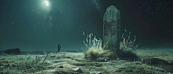 A lonely tombstone in a quiet cemetery at night. - obrazy, fototapety, plakaty