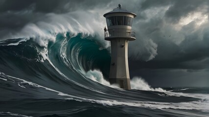A sleek, contemporary tower with tsunami alert horns attached on it that effectively communicate disaster information by using solar power is shown against the backdrop of an approaching storm wave. - obrazy, fototapety, plakaty