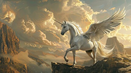 Picture the elegance of a white Pegasus unicorn with wings outstretched, perched on a rocky outcrop high above the ground.