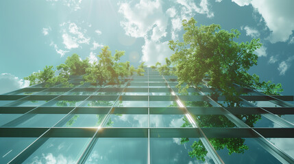 Eco-friendly building in the modern city. Sustainable glass office building with trees for reducing carbon dioxide. - obrazy, fototapety, plakaty
