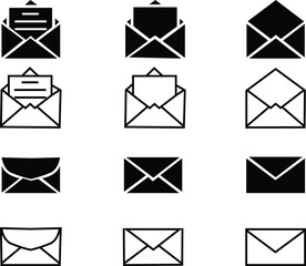 Email icon envelope set, open and closed envelopes vector isolated on transparent background, Black emails pack, Message envelope art icon for mobile apps and websites, ux and ui, Luxury open folder,