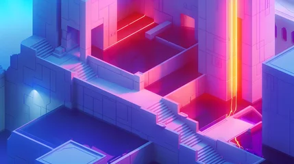 Behangcirkel 80s synthwave Wave building Art with a isometric View. © CatNap Studio