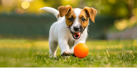 golden retriever dog playing with ball on green grass in garden golden retriever puppy playing with a yellow ball