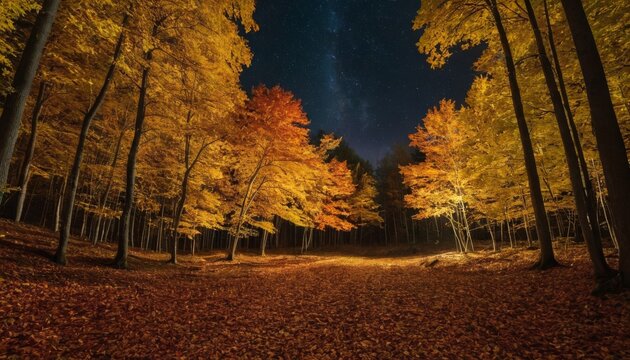 Very beautiful fall forest at night with an epic fall foliage