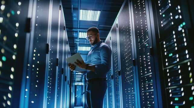 A man stands in a dark server room, gazing at a laptop, surrounded by electric blue technology, glass walls, and metallic machines. AIG41