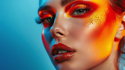 Close-up view of a young beautiful woman of model appearance with bright stylish makeup on a plain background