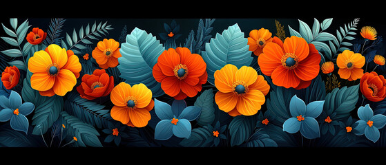 a many orange flowers and green leaves on a black background