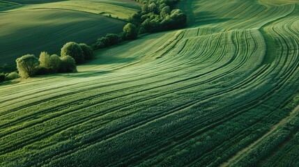 Fototapeta na wymiar Bird's eye view of abstraction agricultural area and green wavy fields in sunny day.