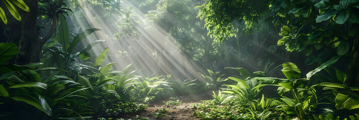 Obraz premium A forest roadside teeming with numerous green plants, bathed in sunlight filtering through tree leaves