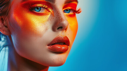 Close-up view of a young beautiful woman of model appearance with bright stylish makeup on a plain background