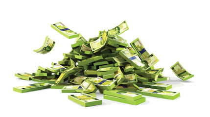 Bundles of euros fall and form a pile 3d render flat