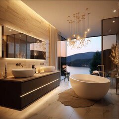 modern open designer bathroom with warm designer lighting 